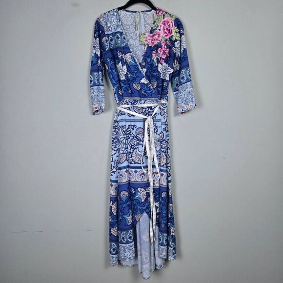 Aratta Dresses & Skirts - Aratta Silent Journey Womens Embroidered Floral Wrap Maxi Dress Sz XS Blue Boho